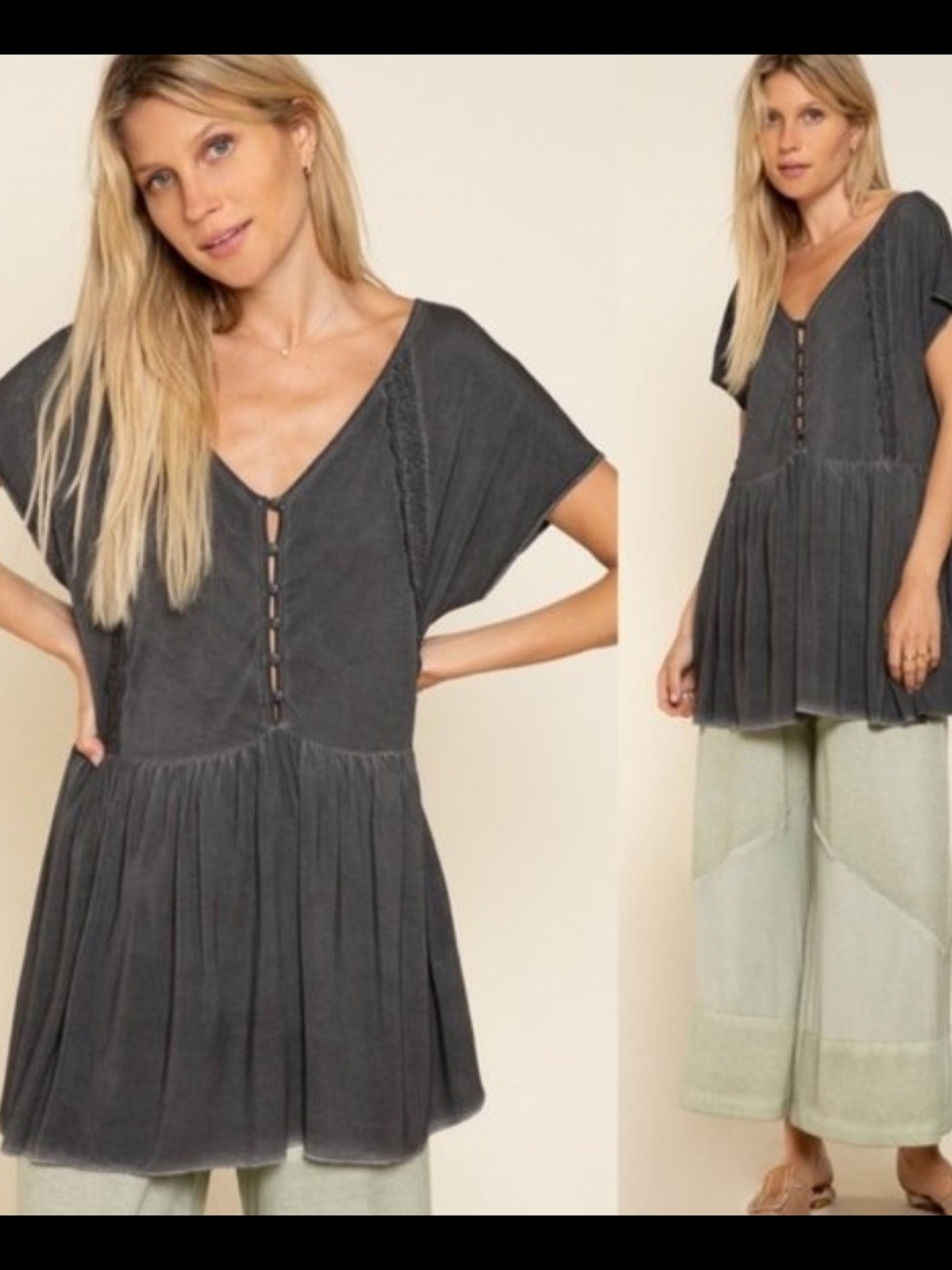 POL By Anthropology Washed Charcoal V-Neck Peplum Tunic Top - Women, Sz Sm